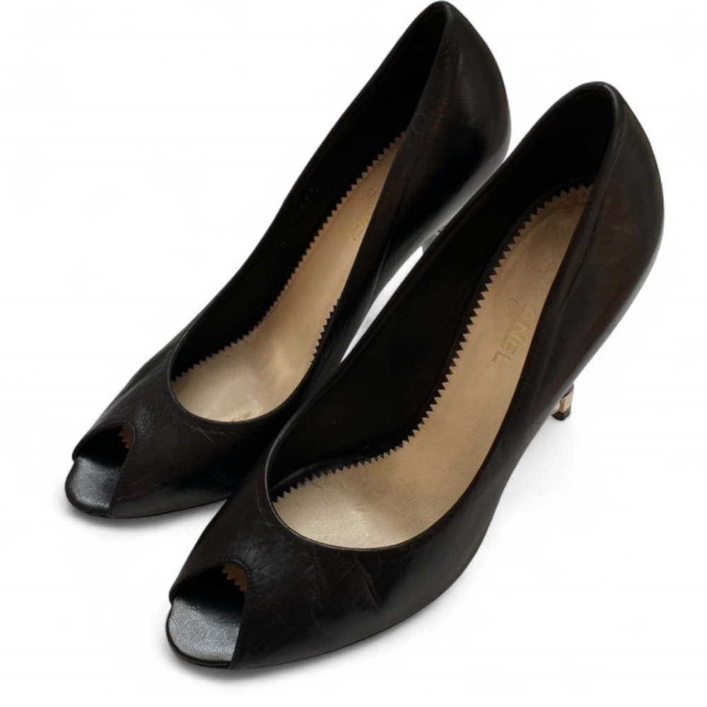 Chanel Black Leather Peep-Toe Pearl Logo Heels Size 8.5 - Picture 15 of 15